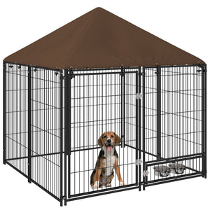 English Elm Pawhut Outdoor Steel Wire Dog Kennel with Oxford Canopy Roof and Rotating Feed Bowl W2225P173780