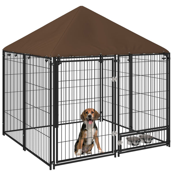 English Elm Pawhut Outdoor Steel Wire Dog Kennel with Oxford Canopy Roof and Rotating Feed Bowl W2225P173780