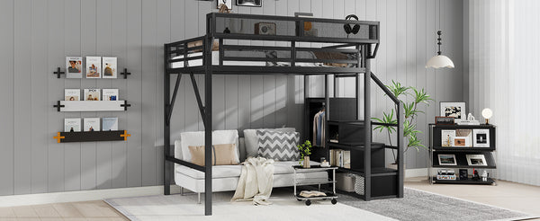 English Elm Full Size Loft Bed With Stairs And Storage Shelves – Stylish Black Metal High Loft Bed For Kids & Teens W2580S00037