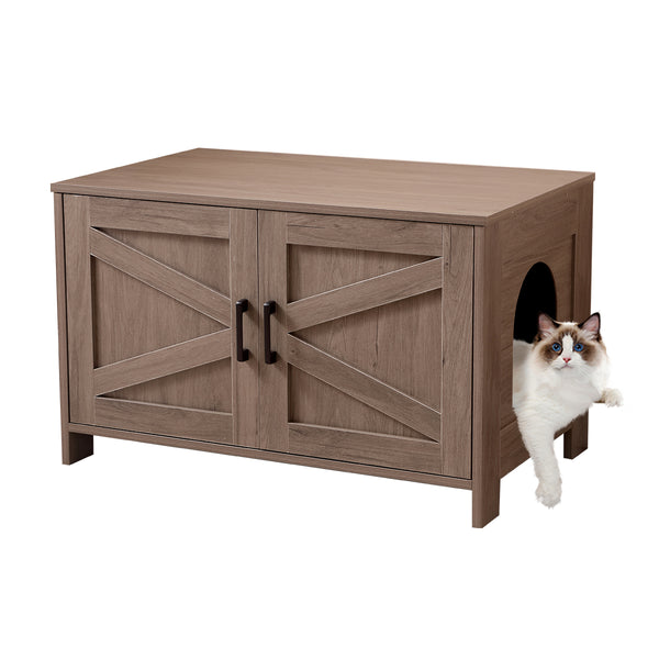 English Elm Cat Litter Box Enclosure with Barn Door Hidden Litter Box Furniture End Table Dual Cabinet Storage Greige W3008P235407