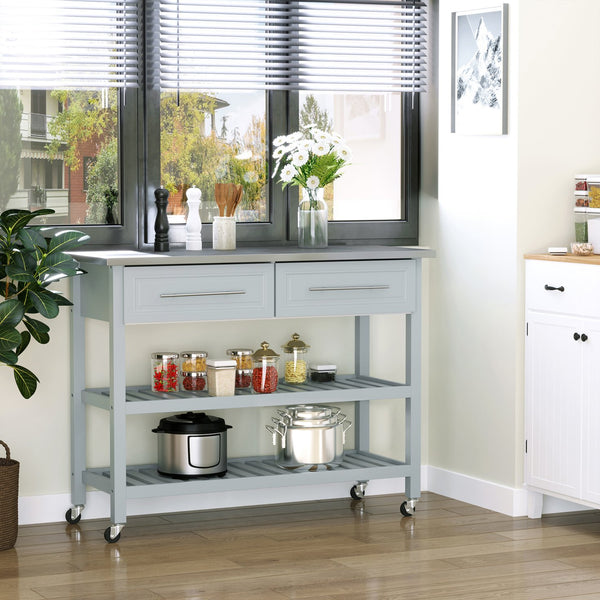 English Elm Homcom Rolling Kitchen Island With Stainless Steel Top, 2-Tier Storage, Drawers & Casters In Light Gray W2225P217369