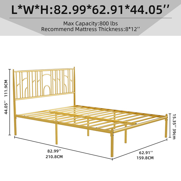 English Elm Queen Upholstered Platform Bed Frame with Wooden Slats, Padded Headboard, Sturdy 800lb Support Gold W2992P233431