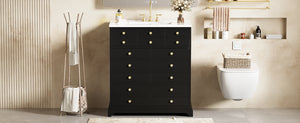 English Elm 30'' Solid Wood Frame Bathroom Vanity with Ceramic Sink, Retro Black Freestanding 2-Drawer Cabinet N710P276724B