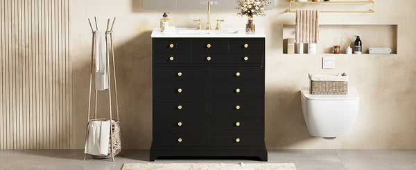 English Elm 30'' Solid Wood Frame Bathroom Vanity with Ceramic Sink, Retro Black Freestanding 2-Drawer Cabinet N710P276724B