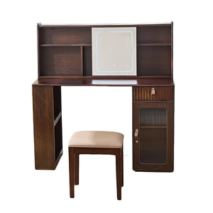 English Elm Elegant Walnut Makeup Vanity with Sliding 3-Color LED Mirror, Large Shelves, Fluted Drawer & Cabinet N844P257533W