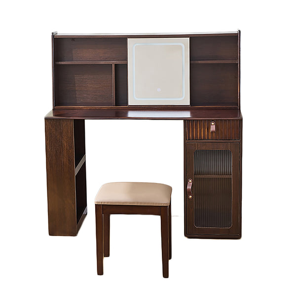 English Elm Elegant Walnut Makeup Vanity with Sliding 3-Color LED Mirror, Large Shelves, Fluted Drawer & Cabinet N844P257533W