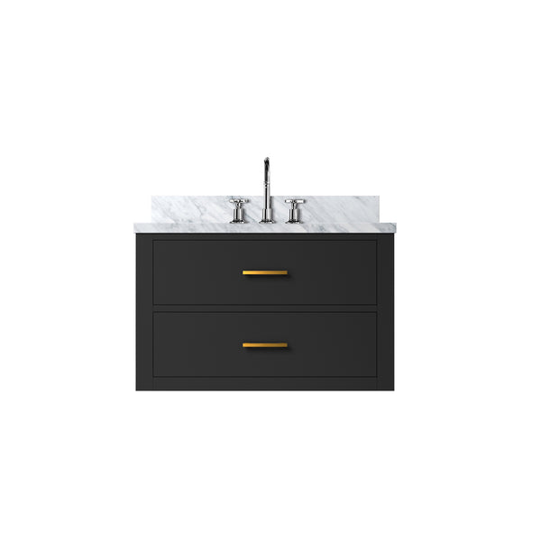 English Elm Black Single Bath Vanity With Elegant Carrara Marble Top & Chrome Faucet - Stylish Storage Solution! B2731P257917