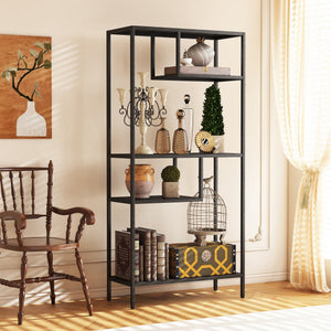 English Elm Modern Cube Storage Shelf with 4 Compartments, Metal Legs Freestanding Organizer for Living Room Home Office Decor and Display — 33W x 13D x 70H T2398P286673