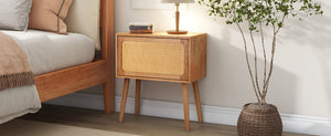 English Elm Rotating Rattan Nightstand Push Open Hidden Storage Mid Century Wood Leg Bedside Natural N761P288451M
