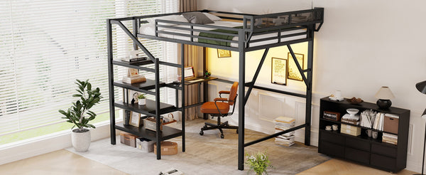 English Elm Queen Metal Loft Bed with Staircase Storage Foldable Desk and Built-in Charging W2580S00073