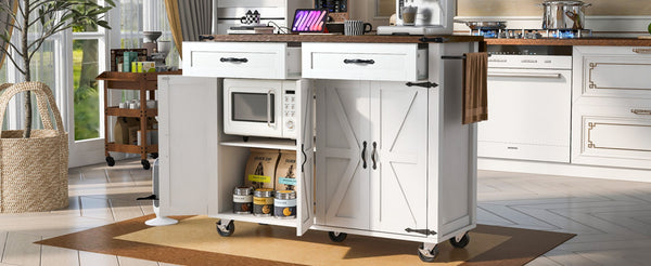 English Elm K&k Farmhouse Rolling Kitchen Island with Drop Leaf Power Outlets and Storage Cabinet White N707S170348W
