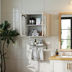 English Elm Wall Mounted Display Cabinet Arched Glass Door Floating Shelves for Kitchen or Bath W331P379951