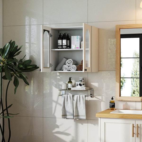 English Elm Wall Mounted Display Cabinet Arched Glass Door Floating Shelves for Kitchen or Bath W331P379951