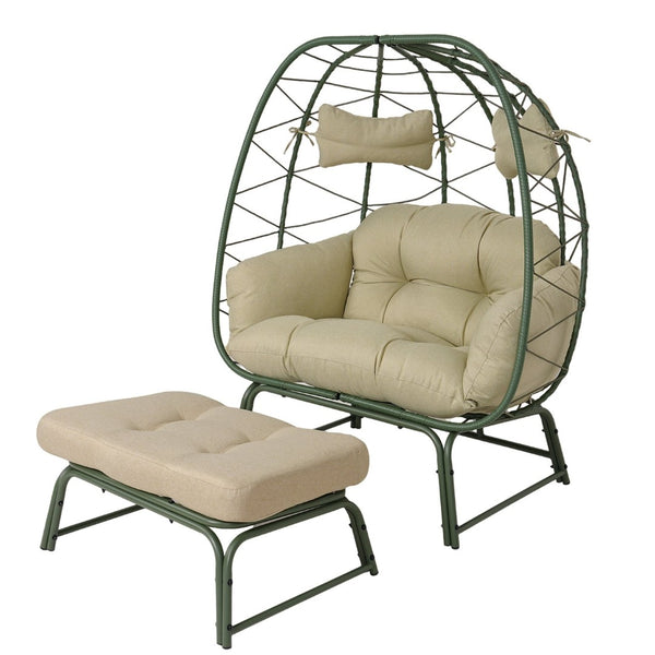 English Elm Double Egg Wicker Lounge Chair with Ottoman Bohemian Pe Rattan Outdoor Patio Seat T5880P501485