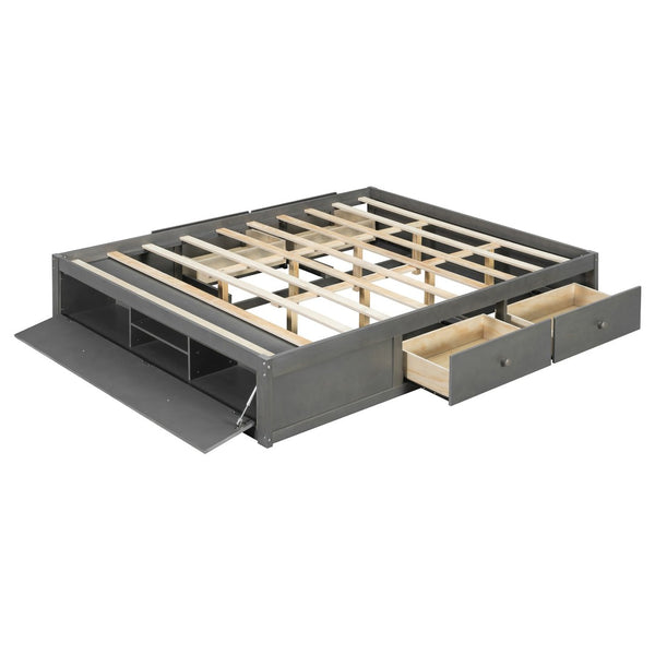English Elm Queen Platform Storage Bed with Hydraulic Lift Footboard and Four Drawers Antique Finish Gray LP000139AAE