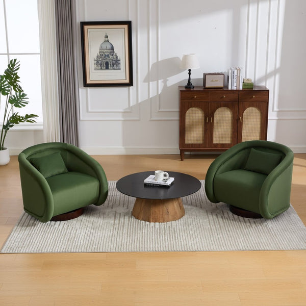 English Elm Swivel Barrel Chair Pumpkin Sculptural Velvet Upholstered with Walnut Wood Round Base Green W3244P427740