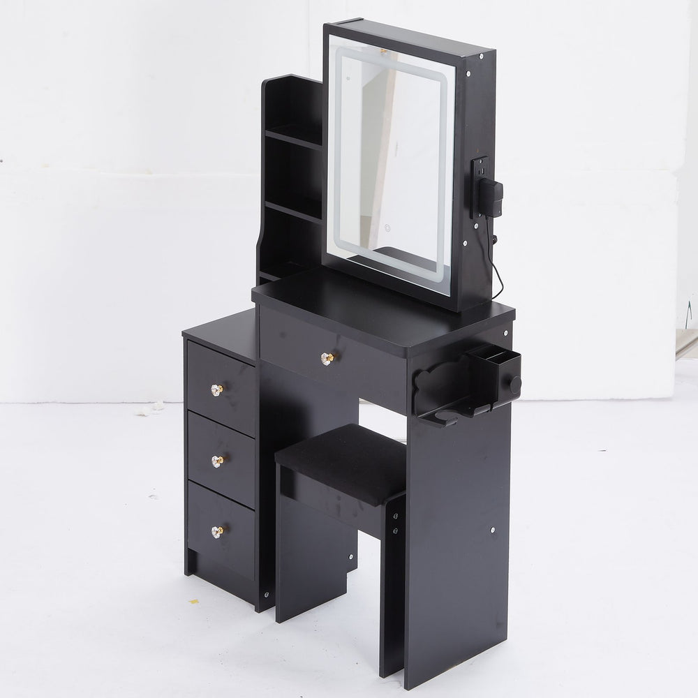 English Elm 29.2" Compact Bedside Vanity Set With Led Mirror, Power Station, Cushioned Stool, And Hair Dryer Bracket W3258P288458