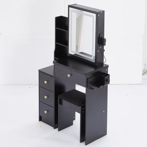 English Elm 29.2" Compact Bedside Vanity Set With Led Mirror, Power Station, Cushioned Stool, And Hair Dryer Bracket W3258P288458