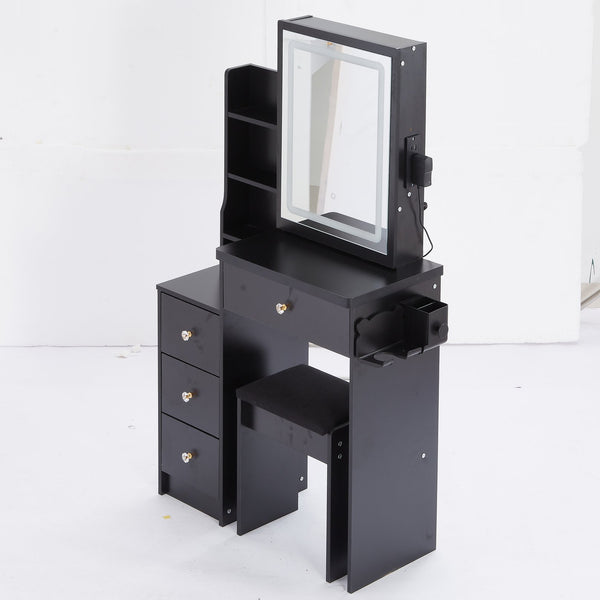English Elm 29.2" Compact Bedside Vanity Set With Led Mirror, Power Station, Cushioned Stool, And Hair Dryer Bracket W3258P288458