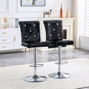 English Elm A Set of 2 Glam Faux Alligator Pvc Barstools with Crystal Buckle Detail Black W1512P491868