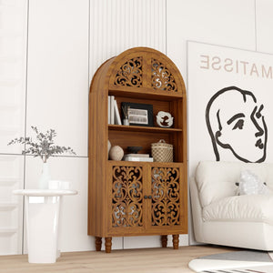 English Elm Vintage Hand-carved Solid Wood Bookcase Tall Arched Open Shelf Cabinet for Living Room W3123P485777
