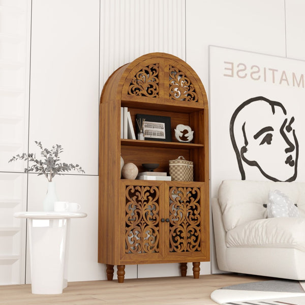 English Elm Vintage Hand-carved Solid Wood Bookcase Tall Arched Open Shelf Cabinet for Living Room W3123P485777