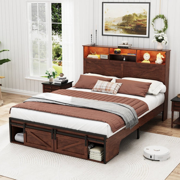 English Elm Farmhouse Full Bed with Storage Headboard Led Lighting and Built-in Charging Station W1550P343687