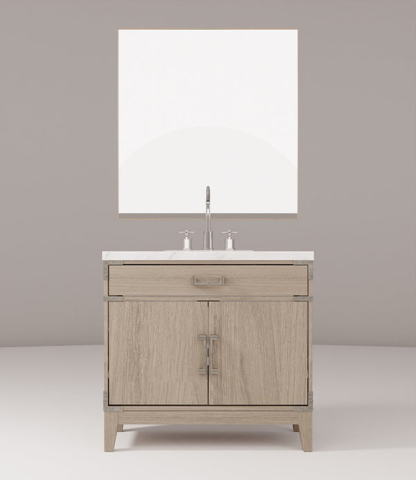 English Elm Grey Oak Single Bath Vanity Set With Carrara Marble Top, Chrome Faucet & 34” Mirror For Chic Bathrooms B2731S02011