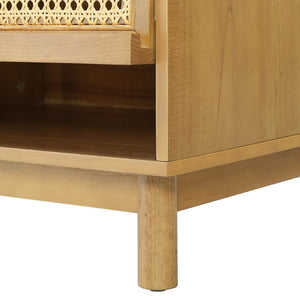 English Elm Wood and Rattan Nightstand with Lift Door Hidden Cabinet for Coastal Bedroom Decor N758P412497N
