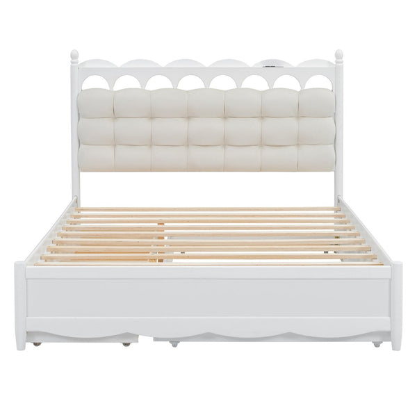 English Elm Queen Size Wooden Storage Platform Bed With Trundle, Usb Ports, And Spacious Drawers In White N820S00038K-GIGA