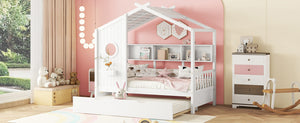 English Elm Wooden Twin House Bed with Trundle and 3 Back Shelves, Pine Frame Playful Loft Design for Kids White 41.7 L x 16.25 W x 6 H N733S316110K