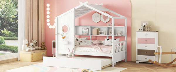 English Elm Wooden Twin House Bed with Trundle and 3 Back Shelves, Pine Frame Playful Loft Design for Kids White 41.7 L x 16.25 W x 6 H N733S316110K