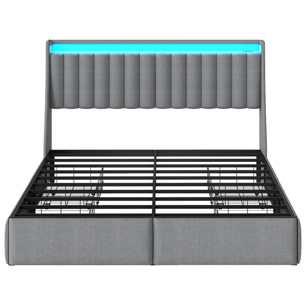 English Elm Full Size Linen Tufted Storage Bed with Rgb Lighting and Built in Charging Ports T3963P483807
