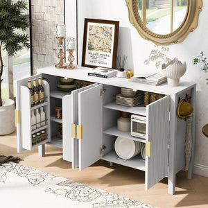 English Elm U_style Striped Four Door Sideboard Mdf Buffet Cabinet with Adjustable Shelves for Dining White N711P345170K