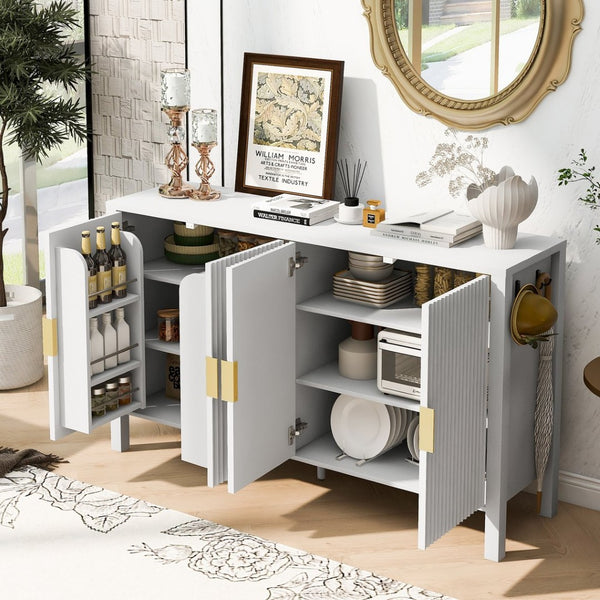 English Elm U_style Striped Four Door Sideboard Mdf Buffet Cabinet with Adjustable Shelves for Dining White N711P345170K
