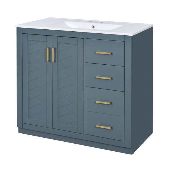 English Elm 36'' Bathroom Vanity with Ceramic Sink Combo Solid Wood Frame Soft-Closing Drawers Ample Storage Elegance Blue N710P243327C