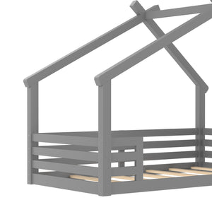 English Elm Twin House Floor Bed with Window & Shelf, Solid Wood Pitched Roof Design for Safe Cozy Sleep Grey W1580P362683