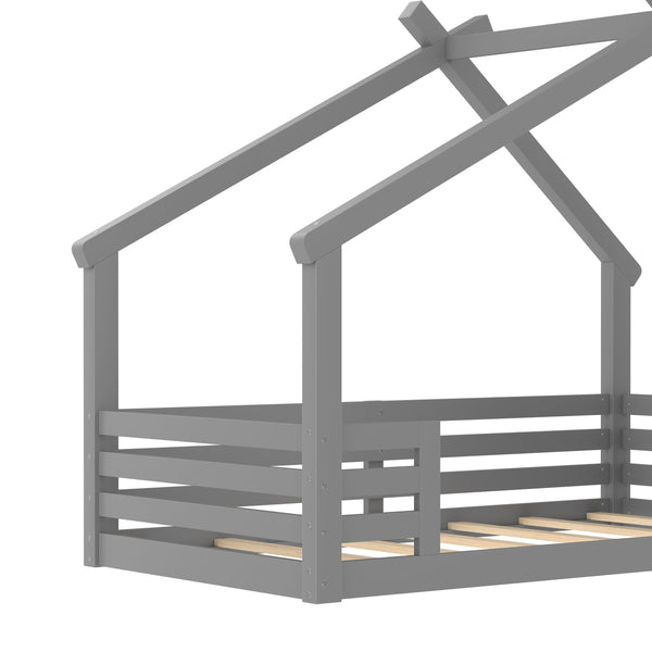 English Elm Twin House Floor Bed with Window & Shelf, Solid Wood Pitched Roof Design for Safe Cozy Sleep Grey W1580P362683