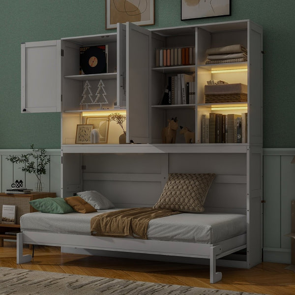 English Elm Twin Murphy Bed with Cabinet Shelves Built in Lighting Usb Ports Space Saving Wall Unit White LP000389AAK-1