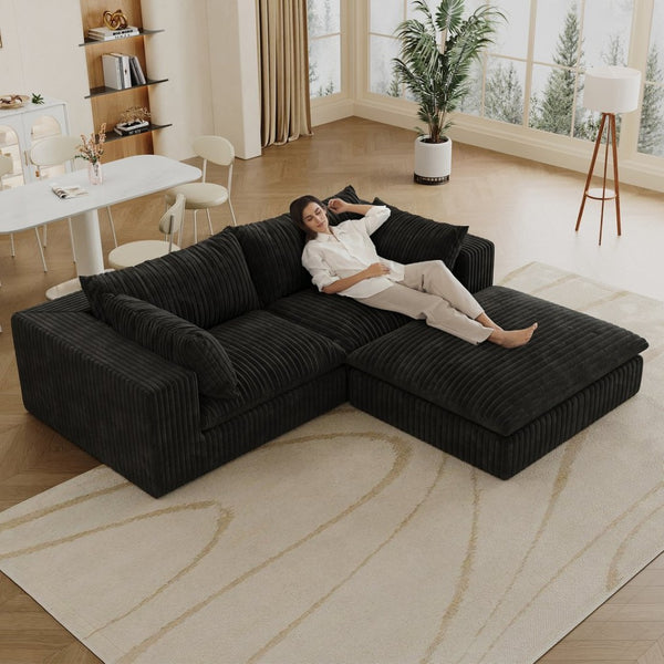 English Elm 39.8" Cloud Modular Sofa Plush Corduroy Deep Seat Feather Fill Living Room Couch Black W2824S00188