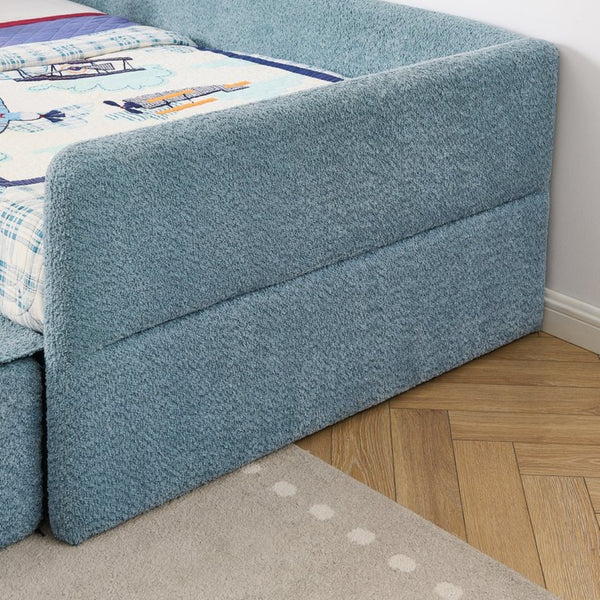 English Elm Twin Boucle Upholstered Kids Bed with Guardrails Built in Storage and Cushioned Step Stool Navy W1413P433366