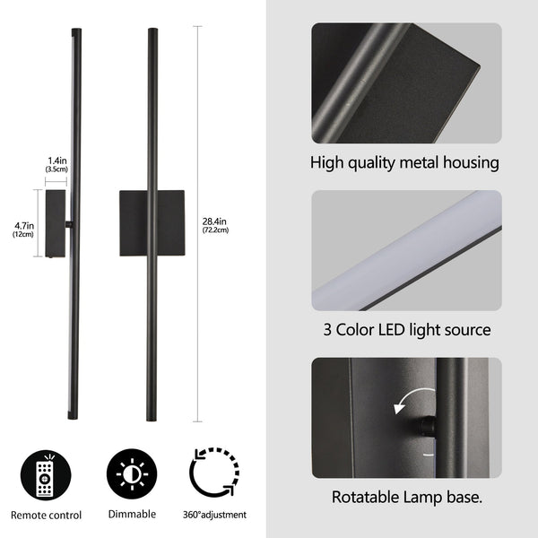 English Elm 28" Modern LED Wall Sconce 2-Pack Black Matte Iron, Dimmable 3000-6500K CRI95 Remote Controlled Indoor Fixture W2312P374997