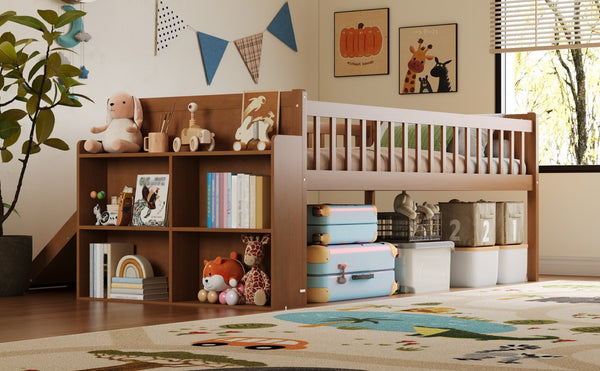 English Elm Twin Platform Kids Bed with Slide Ladder Guardrails Storage Shelf Wood Frame Walnut N733S415411M