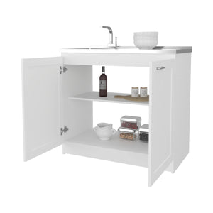 English Elm White 36" Sink Base Cabinet with Integrated Sink, Double Doors & Interior Shelf for Organized Kitchens B062S00626