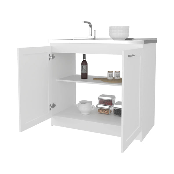 English Elm White 36" Sink Base Cabinet with Integrated Sink, Double Doors & Interior Shelf for Organized Kitchens B062S00626