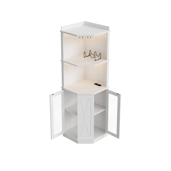 English Elm 67.3" Farmhouse Corner Bar Cabinet Led Lit Wine Storage with Built-in Power Outlets N735P361423K