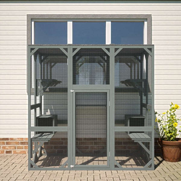 English Elm Outdoor Wooden Catio Enclosure with Platforms Condos and Weatherproof Fir Frame for Cats W1422P345496