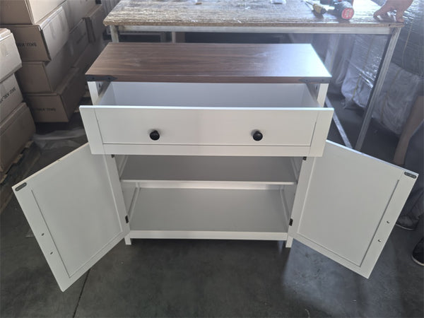 English Elm Farmhouse Walnut-Top Storage Cabinet with Drawer & Adjustable Shelf, White Coffee Bar Console, Safe W1706P280697