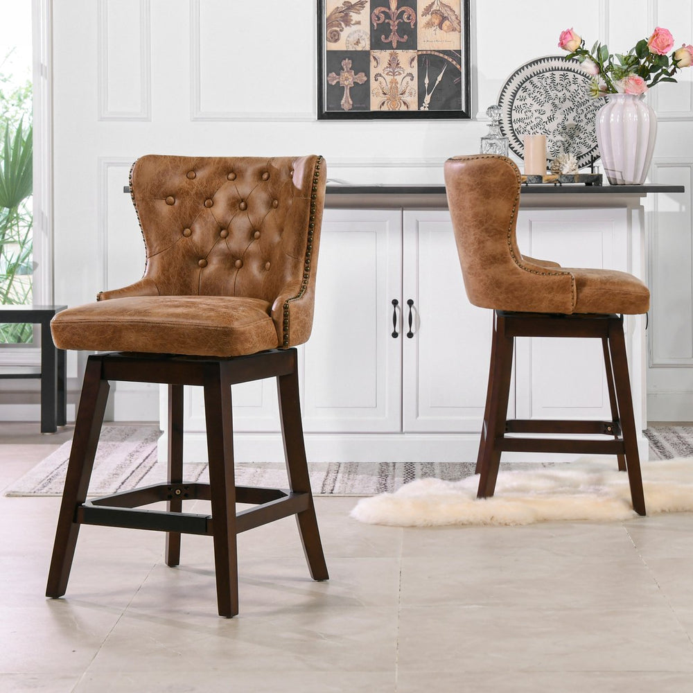 English Elm Jennifer Taylor Home - Holmes Tufted High-Back 360 Swivel Counter Stool in Mid Faux Leather — Handcrafted Comfort & Support Tan+Brown B2719P238380