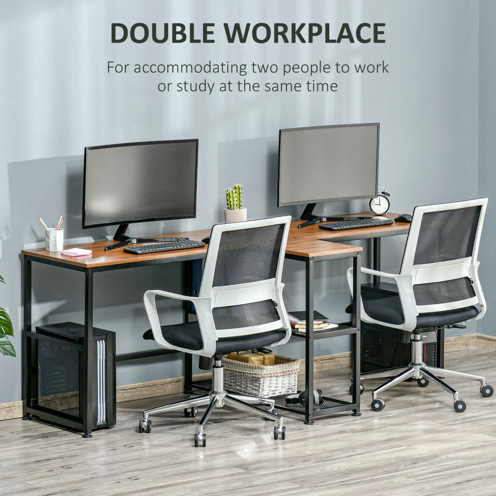 English Elm Desk Two Person Workstation with Vertical Bookshelf and Steel Frame for Home Office T3971P389438